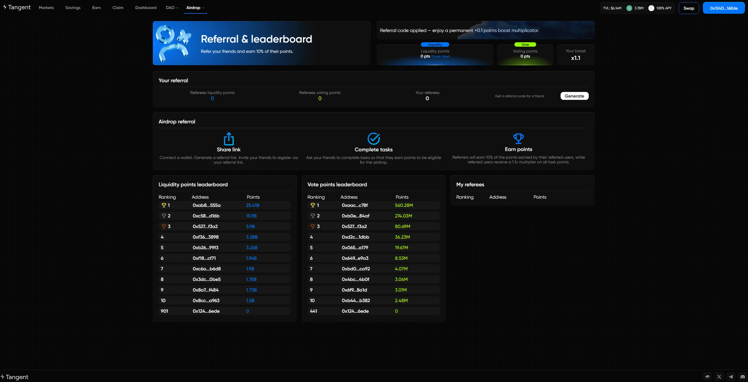 Tangent, dApp interface, 7